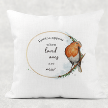 Load image into Gallery viewer, Robins Appear When Loved Ones Are Near Christmas Cushion Cover Linen White Canvas

