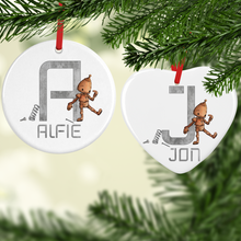 Load image into Gallery viewer, Robot Alphabet Watercolour with Name Ceramic Round or Heart Christmas Bauble
