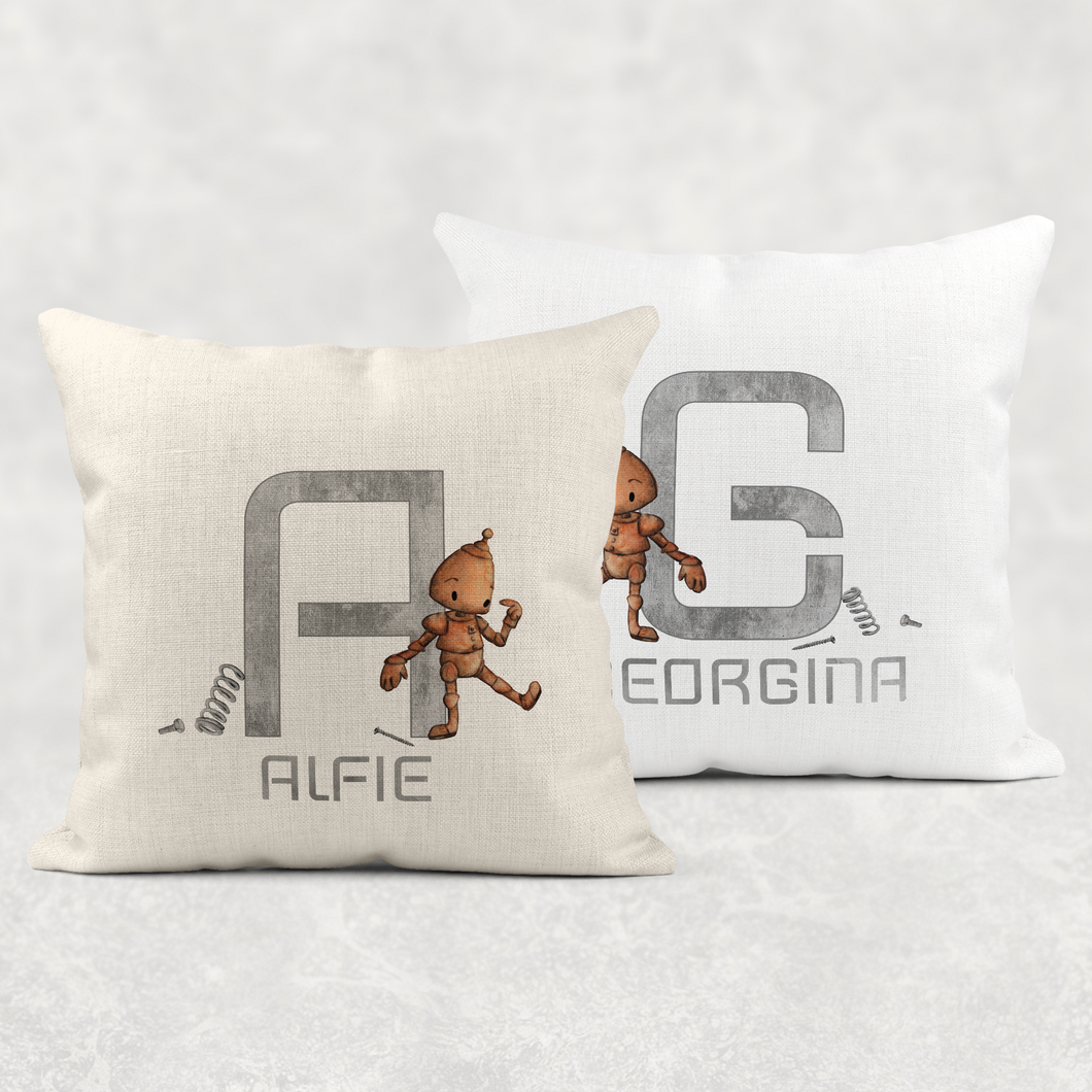 Robot Alphabet Cushion Linen White Canvas