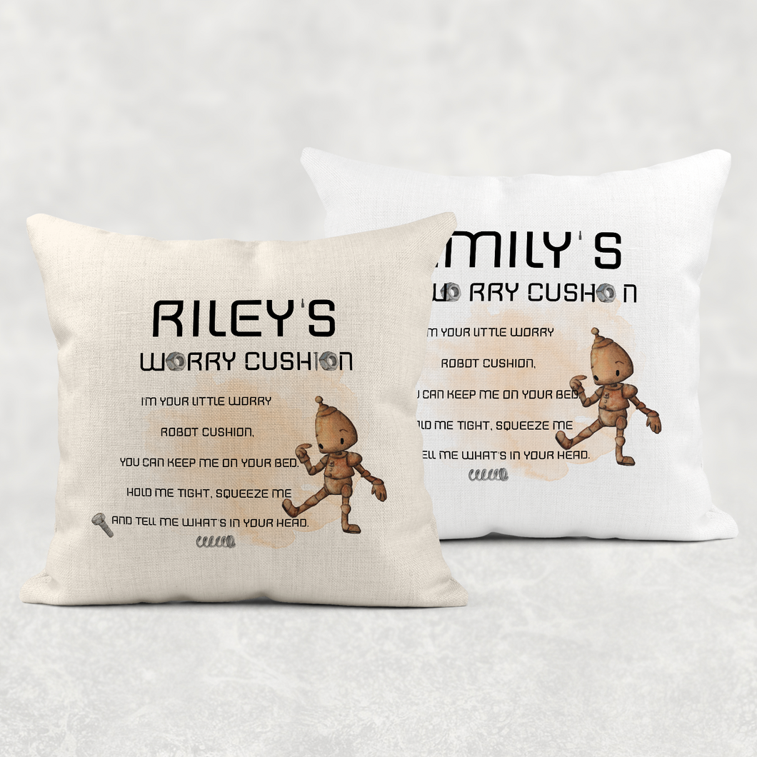 Robot Personalised Worry Comfort Cushion Linen White Canvas