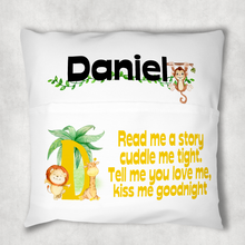 Load image into Gallery viewer, Safari Jungle Personalised Pocket Book Cushion Cover White Canvas
