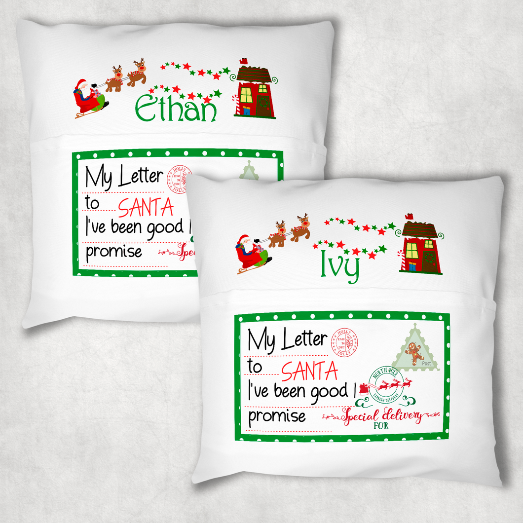 Christmas Letters Sleigh Personalised Pocket Book Cushion Cover White Canvas