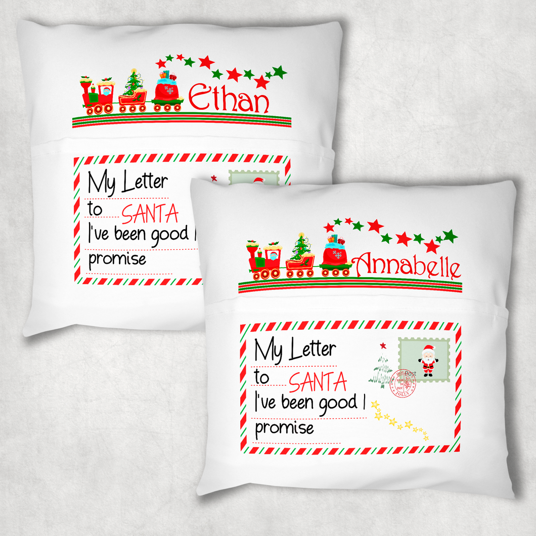 Christmas Letters Train Personalised Pocket Book Cushion Cover White Canvas