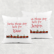 Load image into Gallery viewer, Santa Please Stop Here For Personalised Christmas Train Cushion Cover Linen White Canvas
