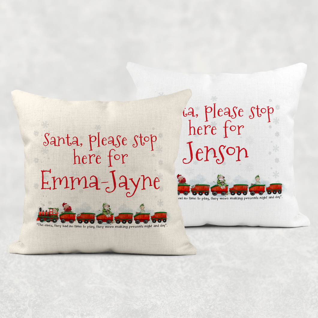 Santa Please Stop Here For Personalised Christmas Train Cushion Cover Linen White Canvas