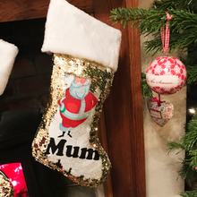 Load image into Gallery viewer, Personalised Santa Fur Topped Sequin Christmas Stocking
