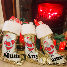 Load image into Gallery viewer, Personalised Santa Fur Topped Sequin Christmas Stocking
