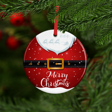 Load image into Gallery viewer, Santa Suit with Name Double Sided Ceramic Round or Heart Christmas Bauble
