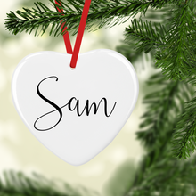 Load image into Gallery viewer, Santa Suit with Name Double Sided Ceramic Round or Heart Christmas Bauble
