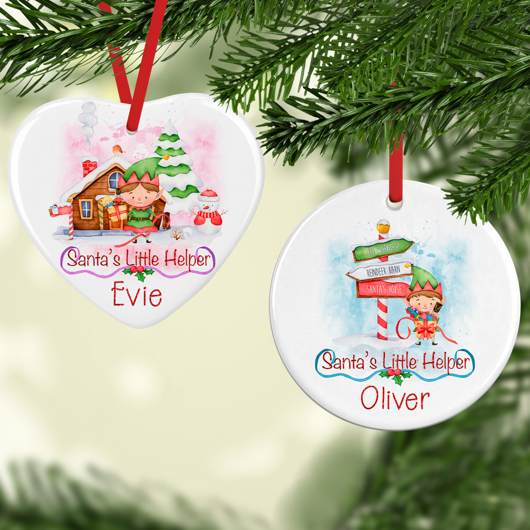 Santa's Little Helper Personalised Ceramic Round or Heart Christmas Bauble