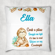 Load image into Gallery viewer, Sloth Personalised Pocket Book Cushion Cover White Canvas
