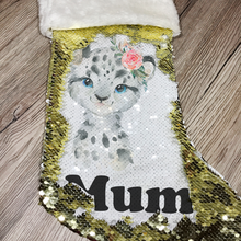 Load image into Gallery viewer, Personalised Snow Leopard Gold Sequin Christmas Stocking - Christmas - Molly Dolly Crafts
