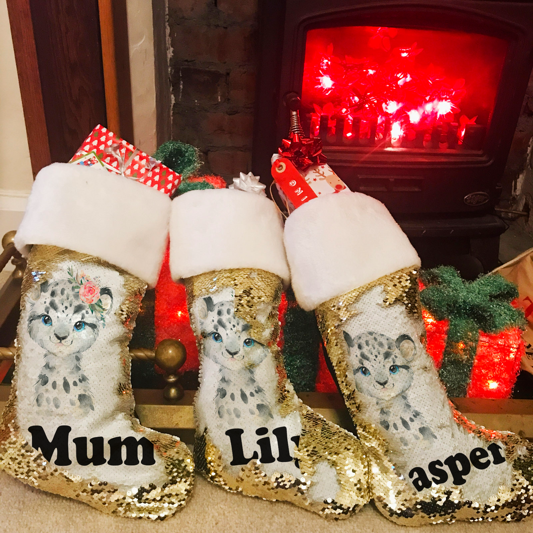 Personalised Snow Leopard Gold Sequin Christmas Stocking - Christmas - Molly Dolly Crafts