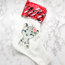 Load image into Gallery viewer, Personalised Snow Leopard Sequin Topped Christmas Stocking
