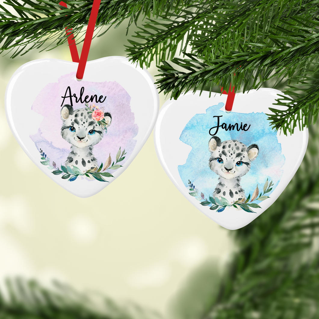Snow Leopard Watercolour with Name Ceramic Round or Heart Christmas Bauble