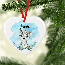 Load image into Gallery viewer, Snow Leopard Watercolour with Name Ceramic Round or Heart Christmas Bauble
