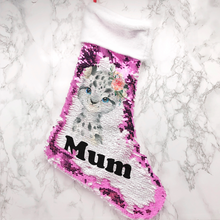 Load image into Gallery viewer, Personalised Snow Leopard Fur Topped Sequin Christmas Stocking
