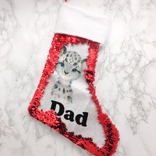 Load image into Gallery viewer, Personalised Snow Leopard Fur Topped Sequin Christmas Stocking
