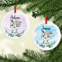 Load image into Gallery viewer, Snow Leopard Watercolour with Name Ceramic Round or Heart Christmas Bauble
