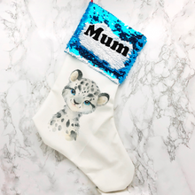 Load image into Gallery viewer, Personalised Snow Leopard Sequin Topped Christmas Stocking

