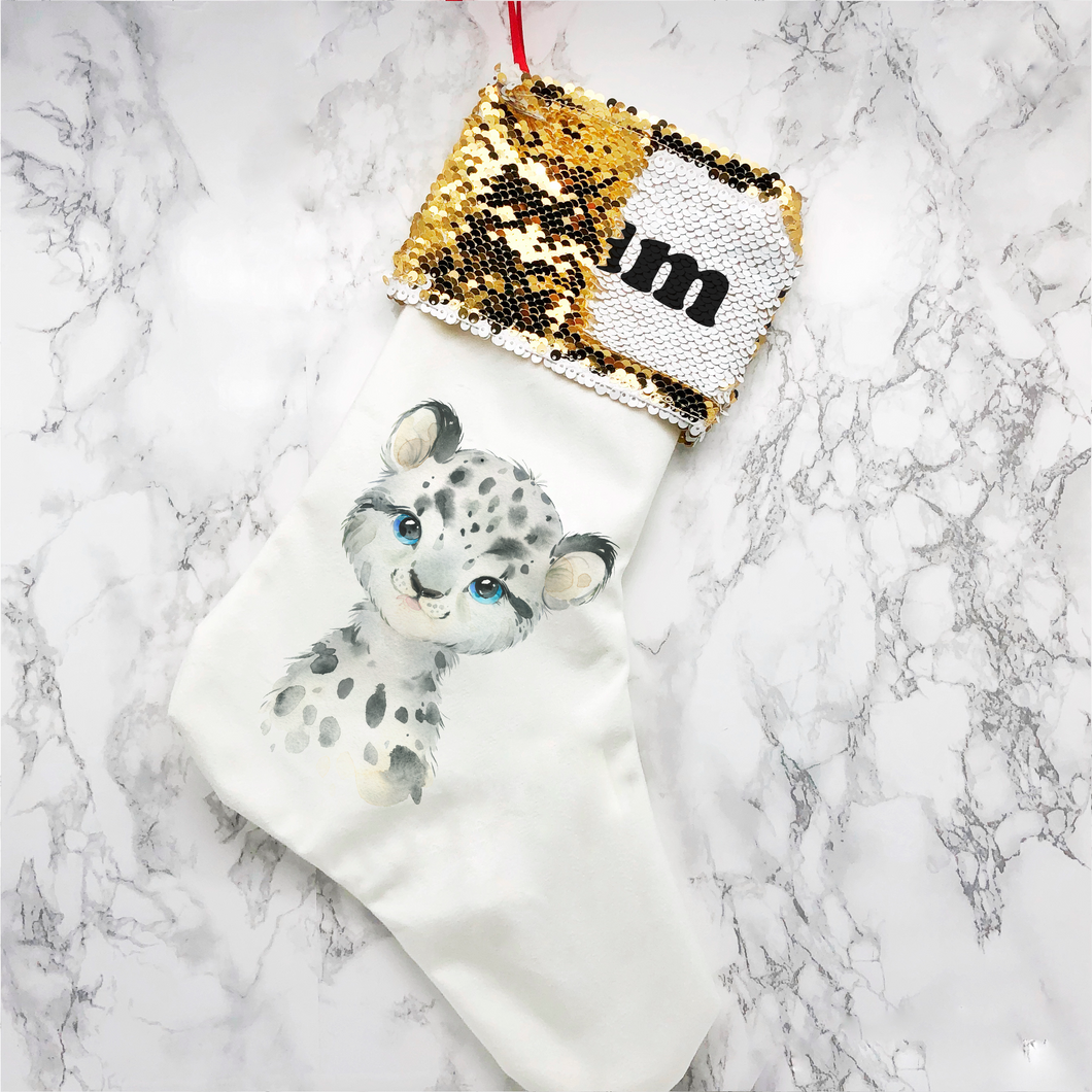 Personalised Snow Leopard Sequin Topped Christmas Stocking