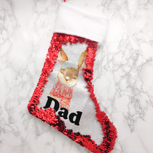 Load image into Gallery viewer, Personalised Snow Rabbit Fur Topped Sequin Christmas Stocking
