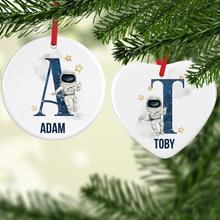 Load image into Gallery viewer, Space Alphabet Watercolour with Name Ceramic Round or Heart Christmas Bauble

