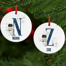 Load image into Gallery viewer, Space Alphabet Watercolour with Name Ceramic Round or Heart Christmas Bauble
