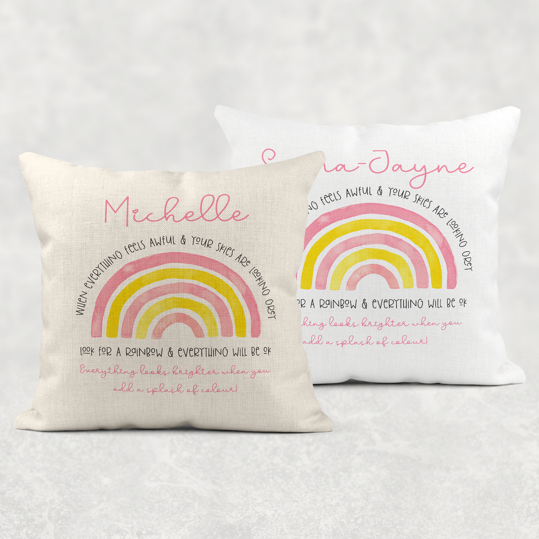 Rainbow Everything looks brighter when you add a splash of colour Personalised Cushion Linen White Canvas