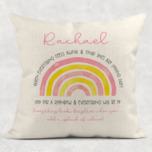 Load image into Gallery viewer, Rainbow Everything looks brighter when you add a splash of colour Personalised Cushion Linen White Canvas
