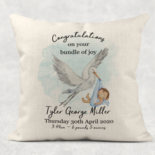 Load image into Gallery viewer, Stork Birth Stat Personalised Cushion Linen White Canvas
