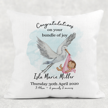 Load image into Gallery viewer, Stork Birth Stat Personalised Cushion Linen White Canvas
