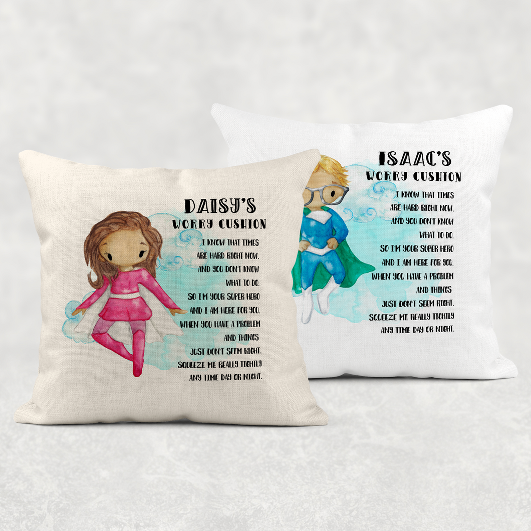 Super Hero Personalised Worry Cushion Cover White Canvas or Natural Linen