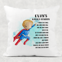 Load image into Gallery viewer, Super Hero Personalised Worry Cushion Cover White Canvas or Natural Linen
