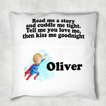 Load image into Gallery viewer, Superhero Personalised Pocket Book Cushion Cover White Canvas

