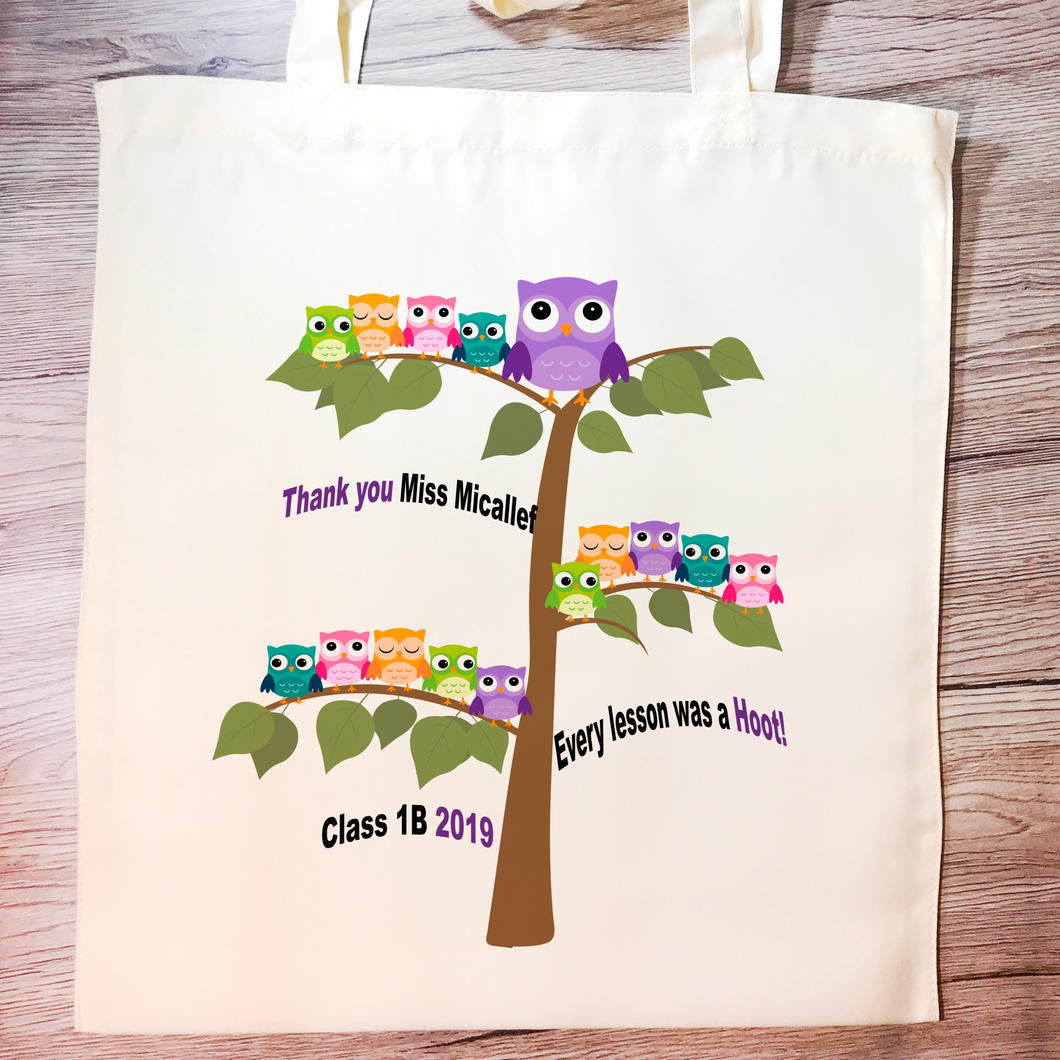 Thank you Owl Tree Personalised Teacher Gift Tote Bag - Tote Bag - Molly Dolly Crafts