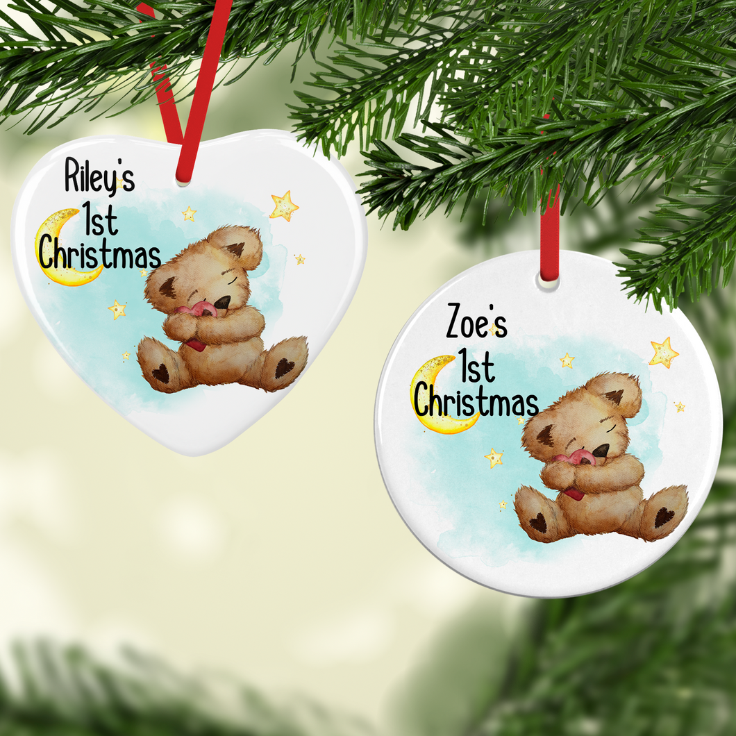 Teddy Baby's First Christmas Ceramic Round or Heart Christmas Bauble
