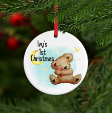 Load image into Gallery viewer, Teddy Baby&#39;s First Christmas Ceramic Round or Heart Christmas Bauble
