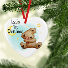 Load image into Gallery viewer, Teddy Baby&#39;s First Christmas Ceramic Round or Heart Christmas Bauble
