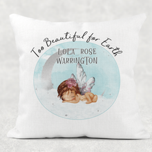 Load image into Gallery viewer, Too Beautiful for Earth Angel Baby Personalised Cushion Linen White Canvas
