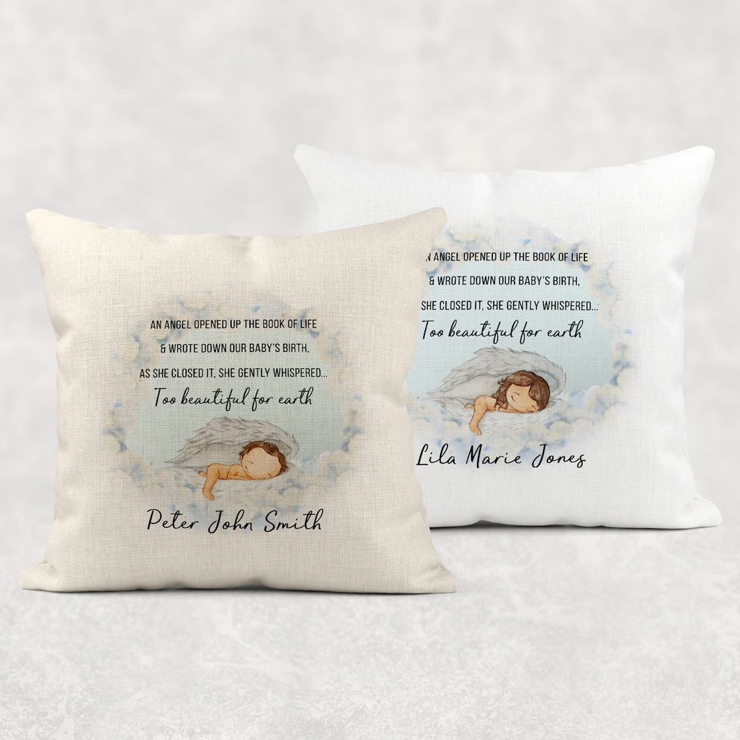 Too Beautiful For Earth Baby Memorial Cushion Cover Linen White Canvas