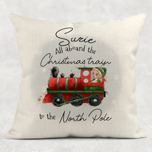 Load image into Gallery viewer, All Aboard the Train to the North Pole Personalised Christmas Cushion Cover Linen White Canvas

