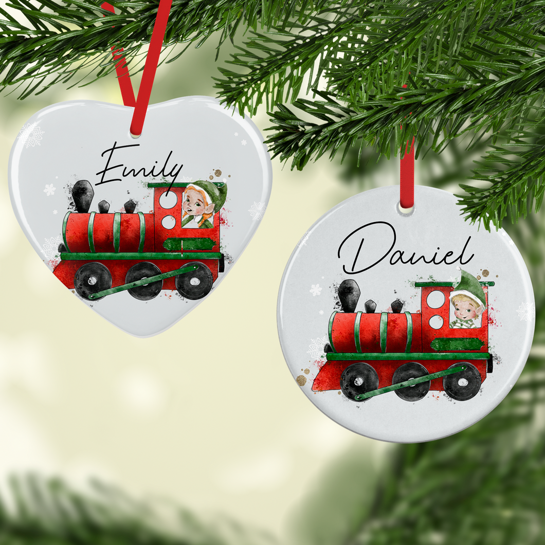 Elf Train Personalised Ceramic Round or Heart Christmas Bauble