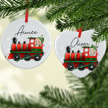 Load image into Gallery viewer, Elf Train Personalised Ceramic Round or Heart Christmas Bauble
