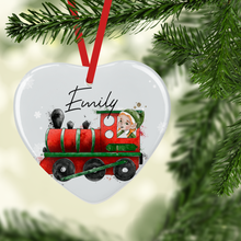 Load image into Gallery viewer, Elf Train Personalised Ceramic Round or Heart Christmas Bauble
