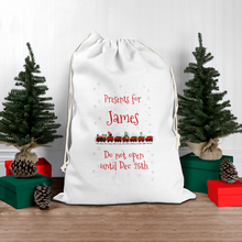 Load image into Gallery viewer, Do Not Open Until Dec 25th Train Personalised Christmas Santa Sack
