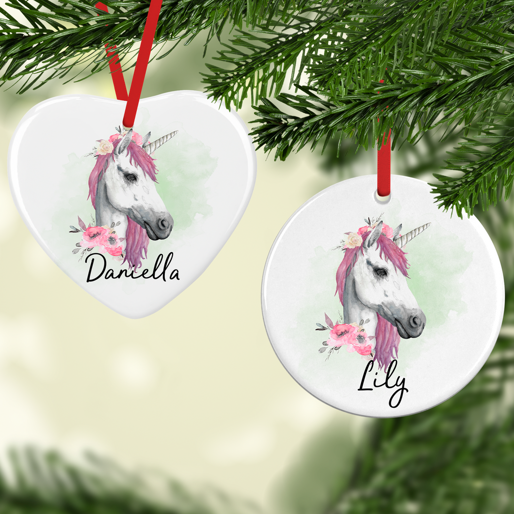Unicorn Watercolour Personalised Ceramic Round or Heart Christmas Bauble