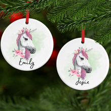 Load image into Gallery viewer, Unicorn Watercolour Personalised Ceramic Round or Heart Christmas Bauble
