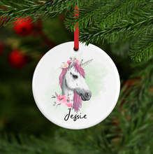 Load image into Gallery viewer, Unicorn Watercolour Personalised Ceramic Round or Heart Christmas Bauble
