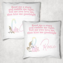 Load image into Gallery viewer, Unicorn Rainbow Alphabet Personalised Pocket Book Cushion Cover White Canvas
